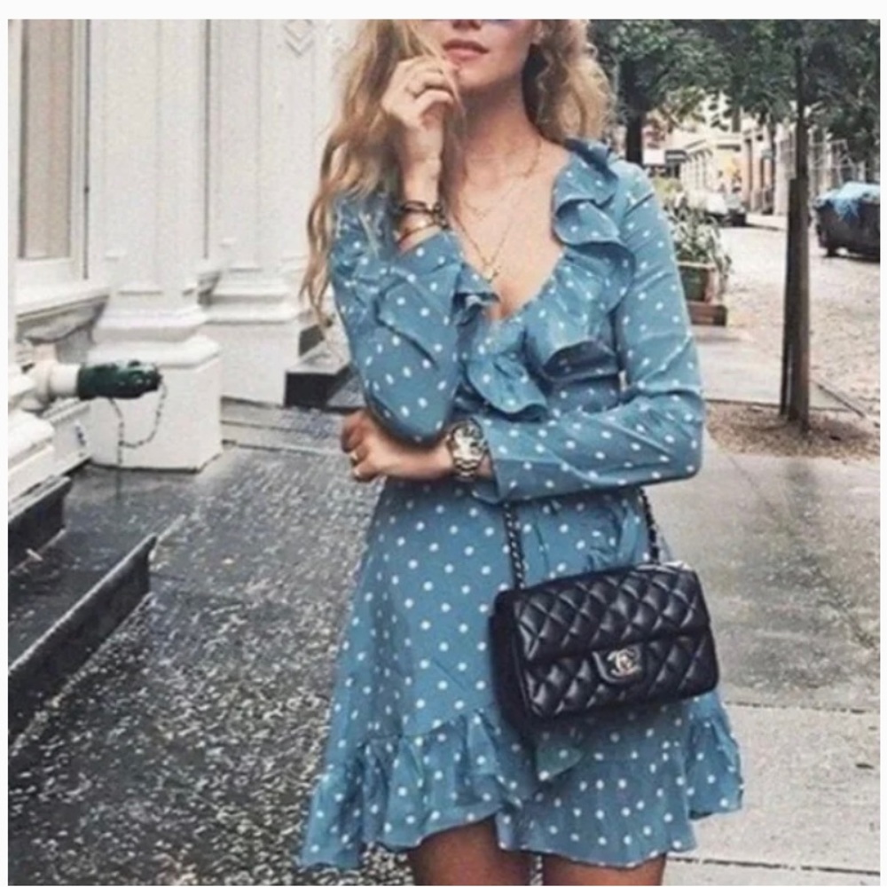 Réalisation Par The Alexandra Mini Wrap Dress in Dusty Blue Spot XS